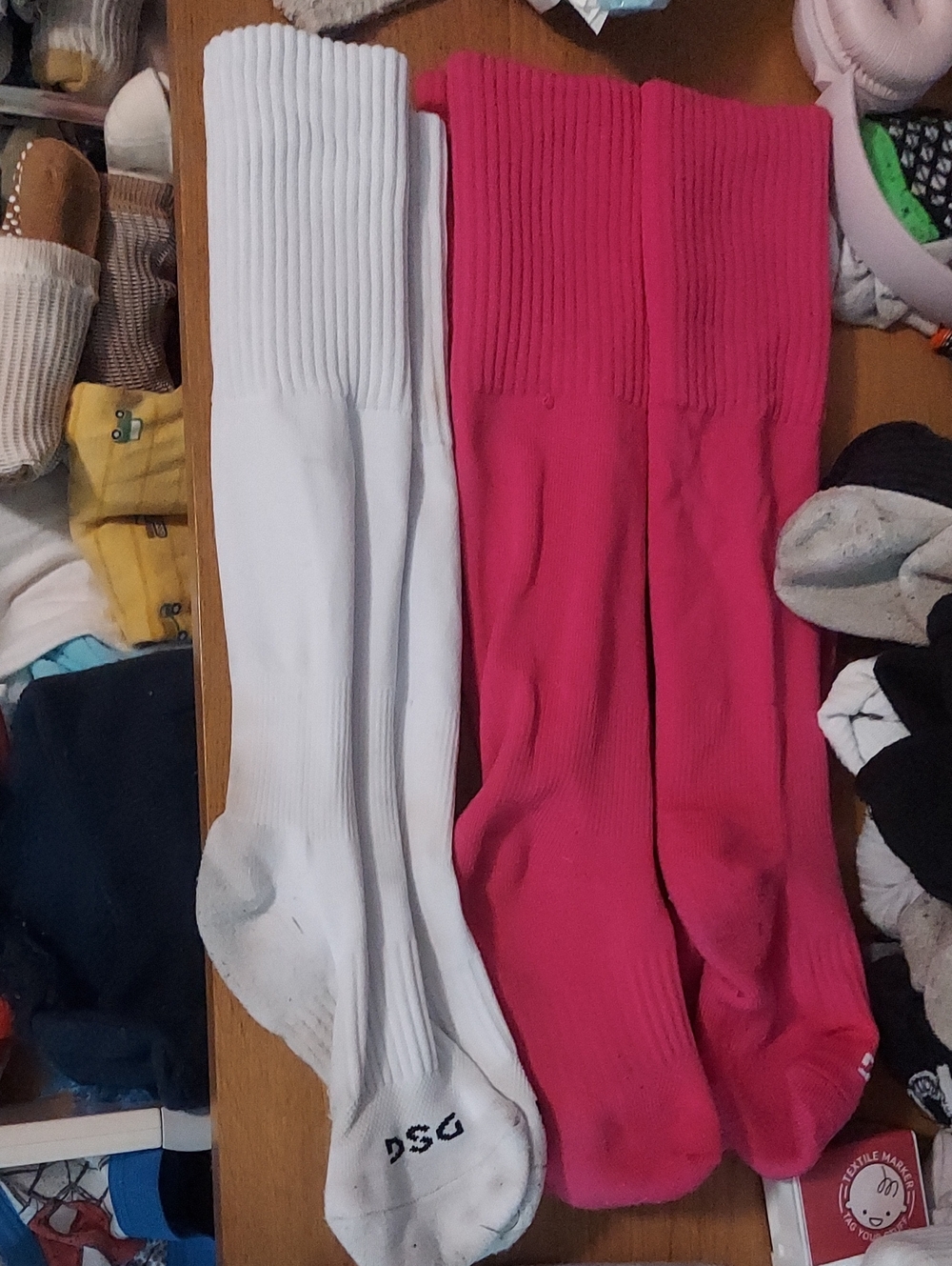 Knee-High Ribbed Socks Pair — White & Hot Pink